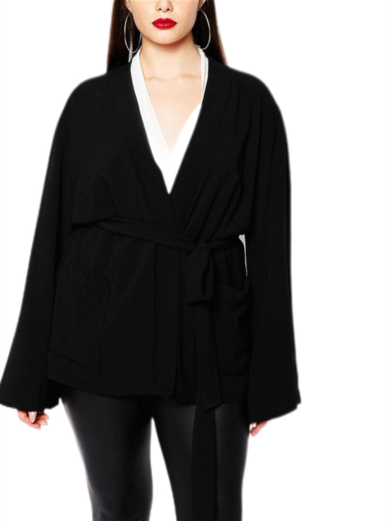 Liela izmēra ar garām piedurknēm pavasara rudens elegants jaka mētelis sievietēm ar garām piedurknēm jostas saiti viduklis brīvs jaciņš sievietēm liela izmēra kimono