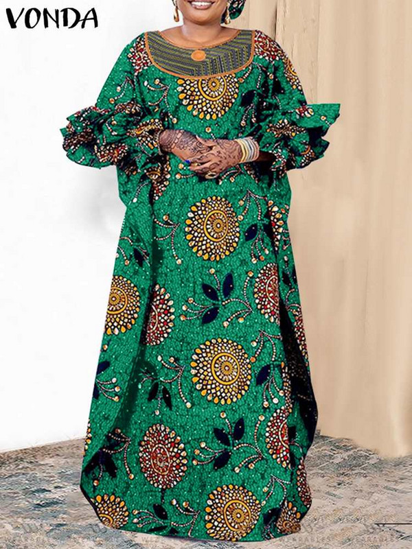 Liela izmēra 5XL VONDA Maxi Kleita Sieviešu Svētku Apdrukāta Kleita Vintage Garās Laternas Piedurknes Halāts 2023 Vasaras ikdienišķa volānveida Sundress