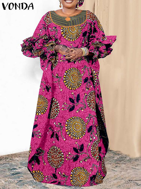Liela izmēra 5XL VONDA Maxi Kleita Sieviešu Svētku Apdrukāta Kleita Vintage Garās Laternas Piedurknes Halāts 2023 Vasaras ikdienišķa volānveida Sundress