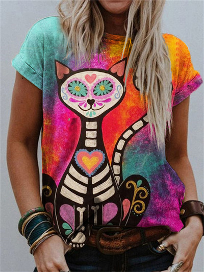 3D macska női pólók, 2022. nyár, új hétköznapi utcai viselet, O-nyakú, bő, rövid ujjú felsők, 3XL méretű női túlméretezett póló felső