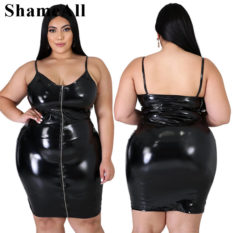 Liela izmēra Pu mākslīgās ādas sieviešu mini kleita Bodycon 4XL ar rāvējslēdzēju uz augšu, siksna V kakla bez aizmugures Sexy Punk Party Elegantas kluba sarkanas kleitas
