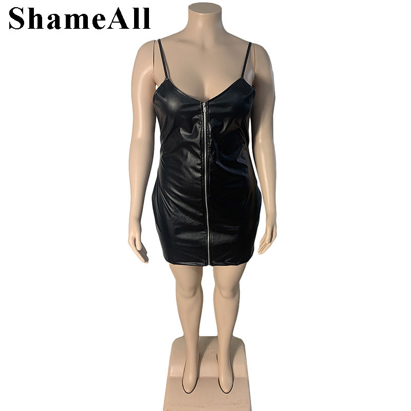 Liela izmēra Pu mākslīgās ādas sieviešu mini kleita Bodycon 4XL ar rāvējslēdzēju uz augšu, siksna V kakla bez aizmugures Sexy Punk Party Elegantas kluba sarkanas kleitas