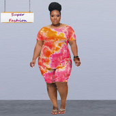 Σετ δύο τεμαχίων γυναικείων ενδυμάτων σε μεγάλο μέγεθος Xl-4Xl Καλοκαίρι 2022 Μόδα casual γραβάτα εκτύπωση με βαφή κοντό μανίκι χαλαρό κοντό ρούχο