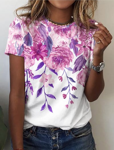 Sieviešu T-krekls meitenēm ar ziedu apdruku Vasaras ar O veida kakla izgriezumu jauns T-krekls ar īsām piedurknēm Ikdienas ielas apģērbs Seksīgi modes sieviešu apģērbi