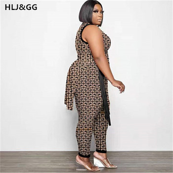 HLJ&GG Ανώμαλα γυναικεία σετ στάμπας μόδας Plus Size XL-5XL 2 τμχ Μακριά μπλουζάκια Ακανόνιστη σχισμή στο πλάι + Μακριά στενά παντελόνια καλοκαιρινά