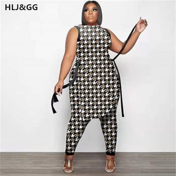 HLJ&GG Ανώμαλα γυναικεία σετ στάμπας μόδας Plus Size XL-5XL 2 τμχ Μακριά μπλουζάκια Ακανόνιστη σχισμή στο πλάι + Μακριά στενά παντελόνια καλοκαιρινά