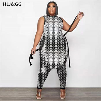 HLJ&GG Ανώμαλα γυναικεία σετ στάμπας μόδας Plus Size XL-5XL 2 τμχ Μακριά μπλουζάκια Ακανόνιστη σχισμή στο πλάι + Μακριά στενά παντελόνια καλοκαιρινά