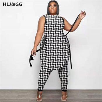 HLJ&GG Ανώμαλα γυναικεία σετ στάμπας μόδας Plus Size XL-5XL 2 τμχ Μακριά μπλουζάκια Ακανόνιστη σχισμή στο πλάι + Μακριά στενά παντελόνια καλοκαιρινά