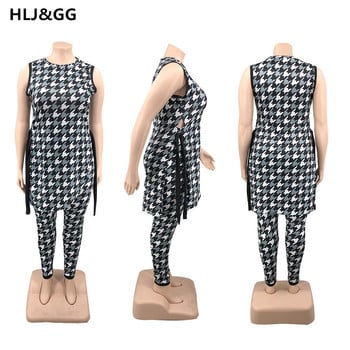 HLJ&GG Ανώμαλα γυναικεία σετ στάμπας μόδας Plus Size XL-5XL 2 τμχ Μακριά μπλουζάκια Ακανόνιστη σχισμή στο πλάι + Μακριά στενά παντελόνια καλοκαιρινά