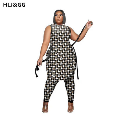 HLJ&GG Ανώμαλα γυναικεία σετ στάμπας μόδας Plus Size XL-5XL 2 τμχ Μακριά μπλουζάκια Ακανόνιστη σχισμή στο πλάι + Μακριά στενά παντελόνια καλοκαιρινά