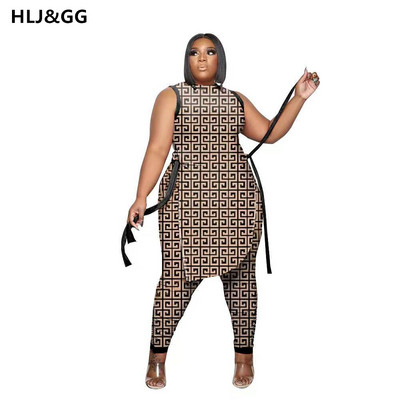 HLJ&GG Ανώμαλα γυναικεία σετ στάμπας μόδας Plus Size XL-5XL 2 τμχ Μακριά μπλουζάκια Ακανόνιστη σχισμή στο πλάι + Μακριά στενά παντελόνια καλοκαιρινά