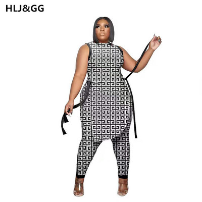 HLJ&GG Ανώμαλα γυναικεία σετ στάμπας μόδας Plus Size XL-5XL 2 τμχ Μακριά μπλουζάκια Ακανόνιστη σχισμή στο πλάι + Μακριά στενά παντελόνια καλοκαιρινά