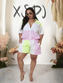 Īsu bikšu un blūzes komplekts sievietei, 2023. gada vasara, ar rāvējslēdzēju augšā, salds, ikdienišķs treniņtērps, divdaļīgs lielizmēra komplekts, vairumtirdzniecības piegāde