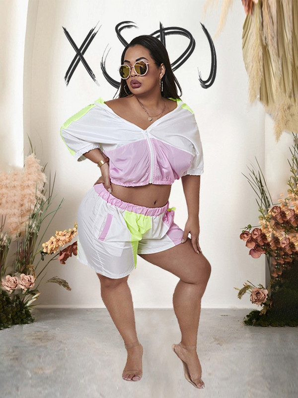 Īsu bikšu un blūzes komplekts sievietei, 2023. gada vasara, ar rāvējslēdzēju augšā, salds, ikdienišķs treniņtērps, divdaļīgs lielizmēra komplekts, vairumtirdzniecības piegāde