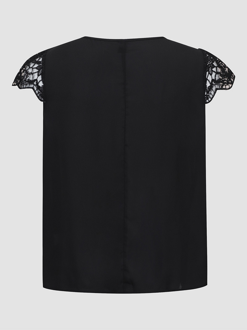 Tricouri Finjani de culoare uni Plus Size Elegante Dantela Maneci duble Bluze Poliester Slim Fit Top cu maneca scurta