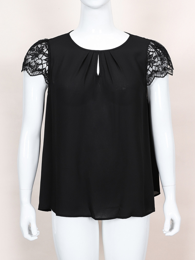 Tricouri Finjani de culoare uni Plus Size Elegante Dantela Maneci duble Bluze Poliester Slim Fit Top cu maneca scurta