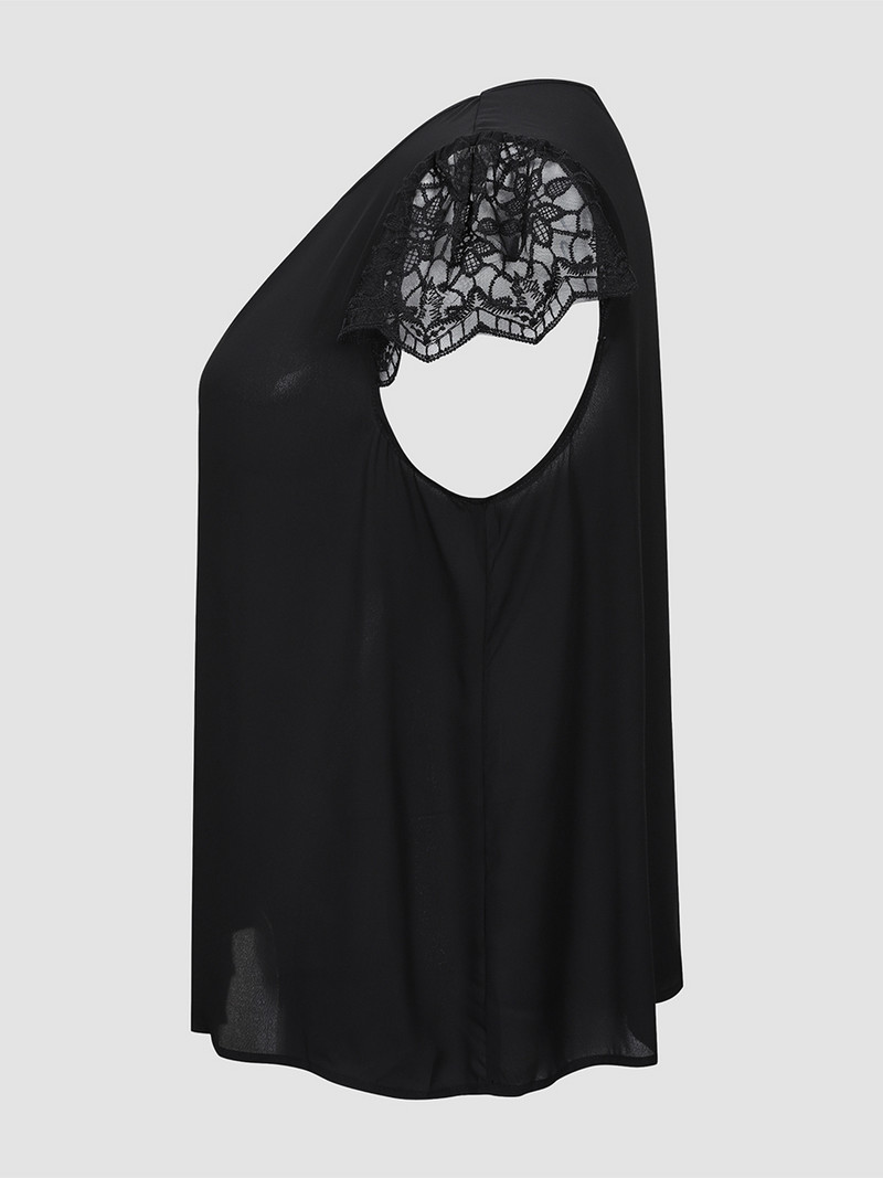 Tricouri Finjani de culoare uni Plus Size Elegante Dantela Maneci duble Bluze Poliester Slim Fit Top cu maneca scurta