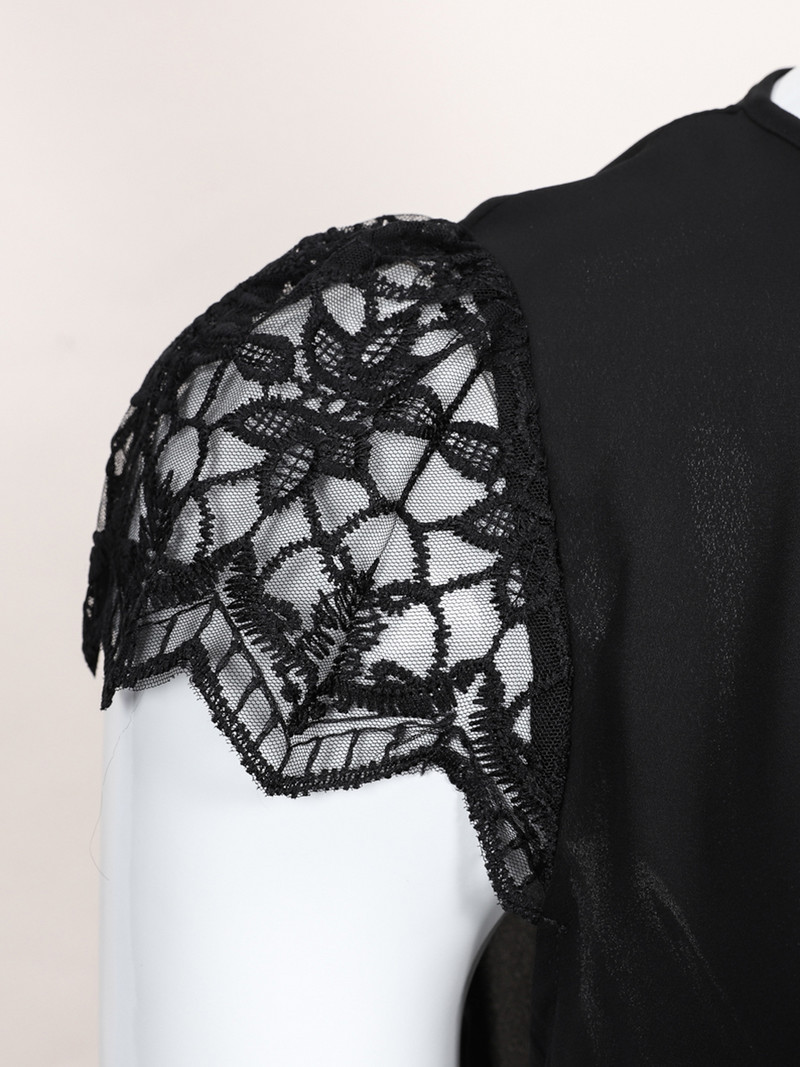 Tricouri Finjani de culoare uni Plus Size Elegante Dantela Maneci duble Bluze Poliester Slim Fit Top cu maneca scurta