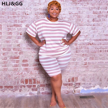 HLJ&GG Women Plus Size Cute ριγέ μπλουζάκι 2 τεμαχίων O γιακά + ίσιο σορτς casual fashion αθλητικές φόρμες Καλοκαίρι 2022