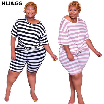 HLJ&GG Women Plus Size Cute ριγέ μπλουζάκι 2 τεμαχίων O γιακά + ίσιο σορτς casual fashion αθλητικές φόρμες Καλοκαίρι 2022