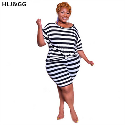 HLJ&GG sieviešu lielizmēra mīlīgs svītrains 2 daļīgs T-krekls ar apkakli + taisni šorti, ikdienas modes sporta tērpi 2022. gada vasara