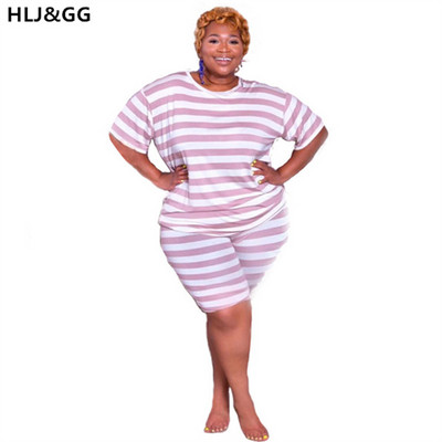 HLJ&GG sieviešu lielizmēra mīlīgs svītrains 2 daļīgs T-krekls ar apkakli + taisni šorti, ikdienas modes sporta tērpi 2022. gada vasara