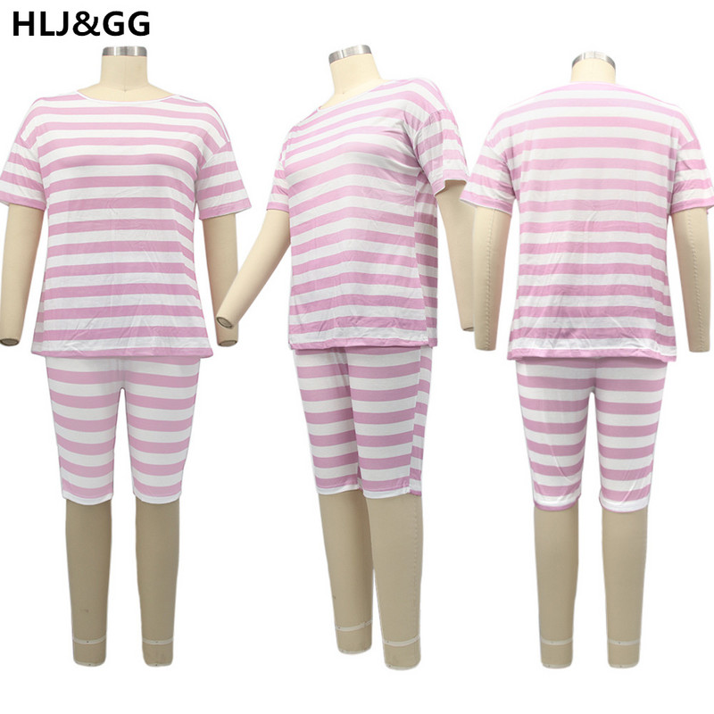 HLJ&GG sieviešu lielizmēra mīlīgs svītrains 2 daļīgs T-krekls ar apkakli + taisni šorti, ikdienas modes sporta tērpi 2022. gada vasara