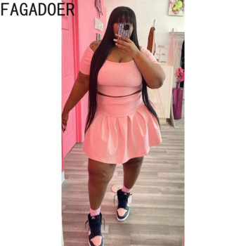 FAGADOER Plus Size Ρούχα L-5XL Γυναικεία ρούχα με ανοιχτό ώμο Κοντό μανίκι Crop + Μίνι φούστα σετ δύο τεμαχίων Καλοκαιρινά γυναικεία ρούχα