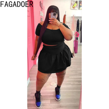 FAGADOER Plus Size Ρούχα L-5XL Γυναικεία ρούχα με ανοιχτό ώμο Κοντό μανίκι Crop + Μίνι φούστα σετ δύο τεμαχίων Καλοκαιρινά γυναικεία ρούχα