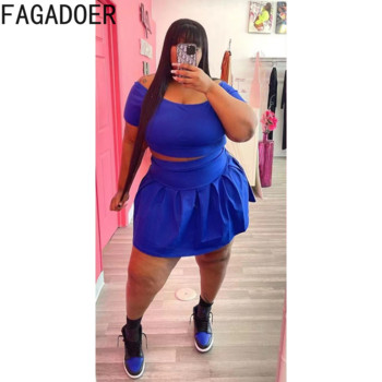 FAGADOER Plus Size Ρούχα L-5XL Γυναικεία ρούχα με ανοιχτό ώμο Κοντό μανίκι Crop + Μίνι φούστα σετ δύο τεμαχίων Καλοκαιρινά γυναικεία ρούχα