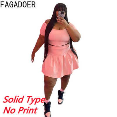 FAGADOER Plus Size Ρούχα L-5XL Γυναικεία ρούχα με ανοιχτό ώμο Κοντό μανίκι Crop + Μίνι φούστα σετ δύο τεμαχίων Καλοκαιρινά γυναικεία ρούχα