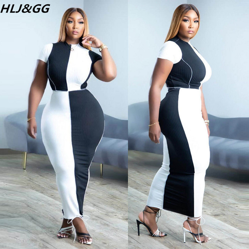 HLJ&GG melni balti seksīgi bodycon svārki divdaļīgi sieviešu komplekti ar apaļu kakla izgriezumu ar īsām piedurknēm, apgriezti un šauri svārku tērpi liela izmēra