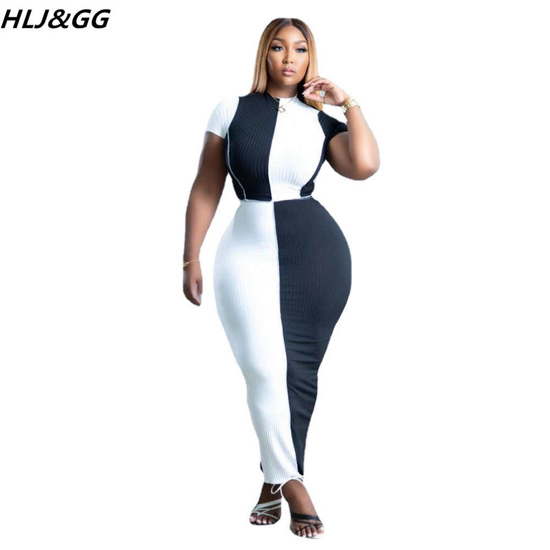 HLJ&GG melni balti seksīgi bodycon svārki divdaļīgi sieviešu komplekti ar apaļu kakla izgriezumu ar īsām piedurknēm, apgriezti un šauri svārku tērpi liela izmēra