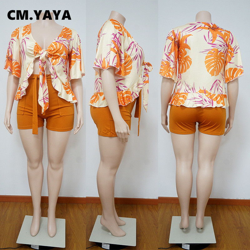 CM.YAYA női nagy méretű szett nyomat rövid ujjú pólyás felsők Strechy rövidnadrág kétrészes szettek Szexi divat Utcai viselet nyári ruha