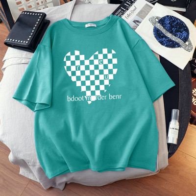 DUOFAN liela izmēra Tkrekls Kokvilnas L-6XL T-krekls ar īsām piedurknēm Sieviešu vasaras šaha apdrukas pāri O kakla T krekli Top Oversized