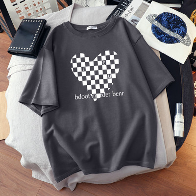 DUOFAN liela izmēra Tkrekls Kokvilnas L-6XL T-krekls ar īsām piedurknēm Sieviešu vasaras šaha apdrukas pāri O kakla T krekli Top Oversized