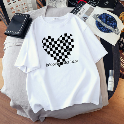 DUOFAN liela izmēra Tkrekls Kokvilnas L-6XL T-krekls ar īsām piedurknēm Sieviešu vasaras šaha apdrukas pāri O kakla T krekli Top Oversized