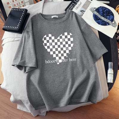 DUOFAN liela izmēra Tkrekls Kokvilnas L-6XL T-krekls ar īsām piedurknēm Sieviešu vasaras šaha apdrukas pāri O kakla T krekli Top Oversized