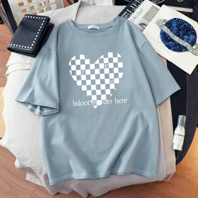 DUOFAN liela izmēra Tkrekls Kokvilnas L-6XL T-krekls ar īsām piedurknēm Sieviešu vasaras šaha apdrukas pāri O kakla T krekli Top Oversized