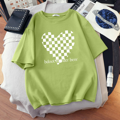 DUOFAN liela izmēra Tkrekls Kokvilnas L-6XL T-krekls ar īsām piedurknēm Sieviešu vasaras šaha apdrukas pāri O kakla T krekli Top Oversized