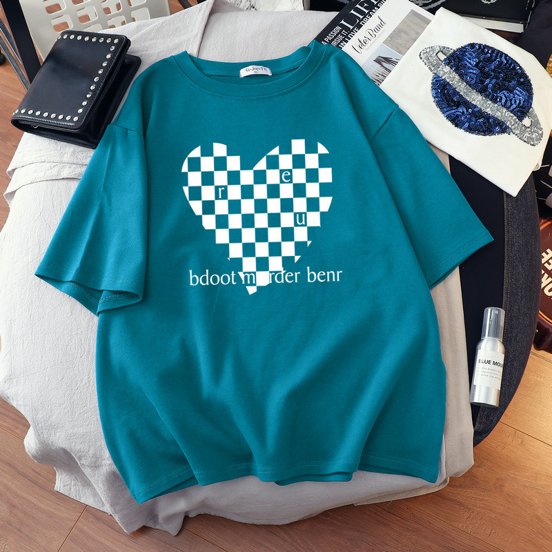 DUOFAN liela izmēra Tkrekls Kokvilnas L-6XL T-krekls ar īsām piedurknēm Sieviešu vasaras šaha apdrukas pāri O kakla T krekli Top Oversized