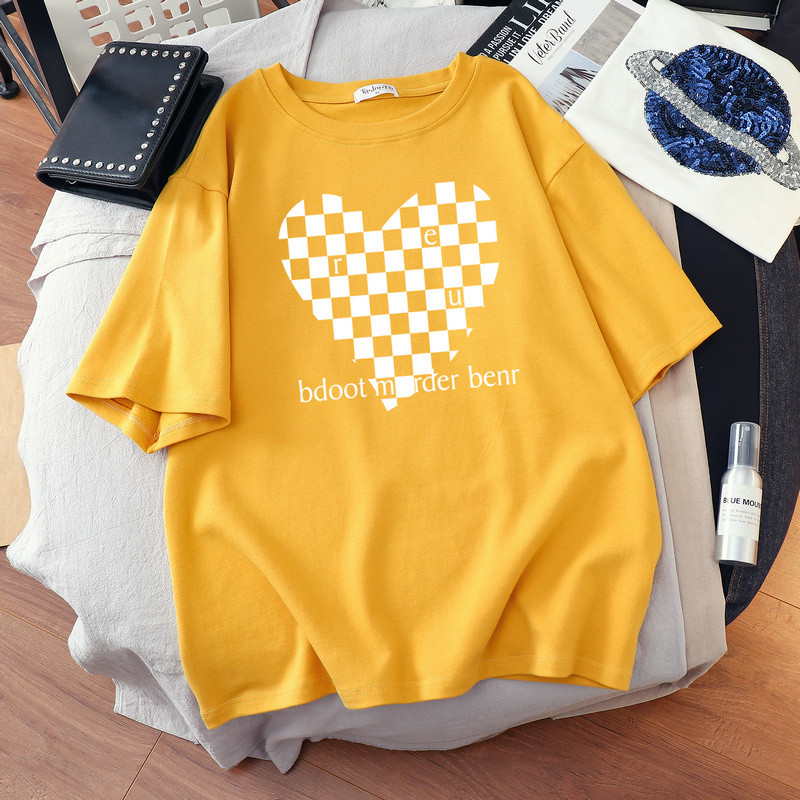 DUOFAN liela izmēra Tkrekls Kokvilnas L-6XL T-krekls ar īsām piedurknēm Sieviešu vasaras šaha apdrukas pāri O kakla T krekli Top Oversized