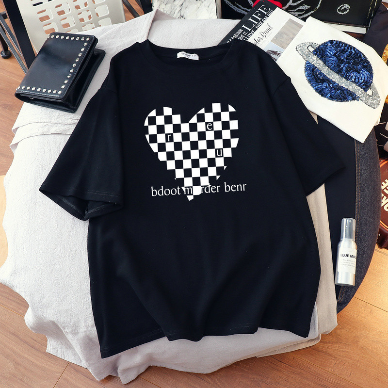 DUOFAN liela izmēra Tkrekls Kokvilnas L-6XL T-krekls ar īsām piedurknēm Sieviešu vasaras šaha apdrukas pāri O kakla T krekli Top Oversized