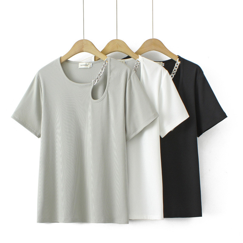 Liela izmēra T-krekls Sieviešu apģērbi Metāla ķēde dobi vienkrāsaini T-krekli ar īsām piedurknēm izliekti topi 2023. gada vasara