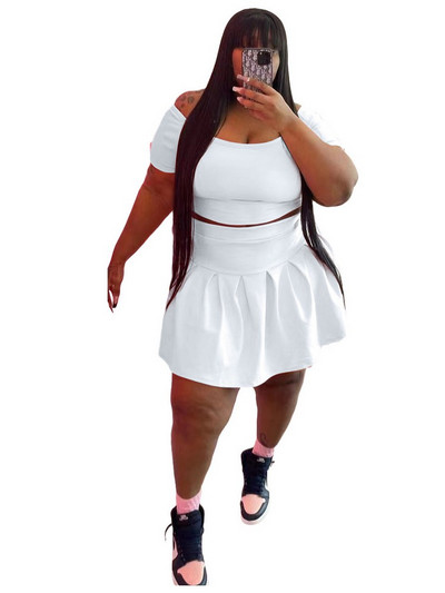 ZJFZML ZZ Liela izmēra L-5XL Divdaļīgs komplekts Sieviešu sporta kostīms, stingrs ar īsām piedurknēm apgriezts augšpuse un kroku svārki vairumtirdzniecība dropshipping