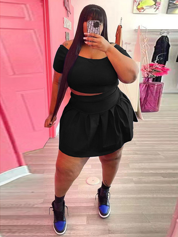 ZJFZML ZZ Liela izmēra L-5XL Divdaļīgs komplekts Sieviešu sporta kostīms, stingrs ar īsām piedurknēm apgriezts augšpuse un kroku svārki vairumtirdzniecība dropshipping