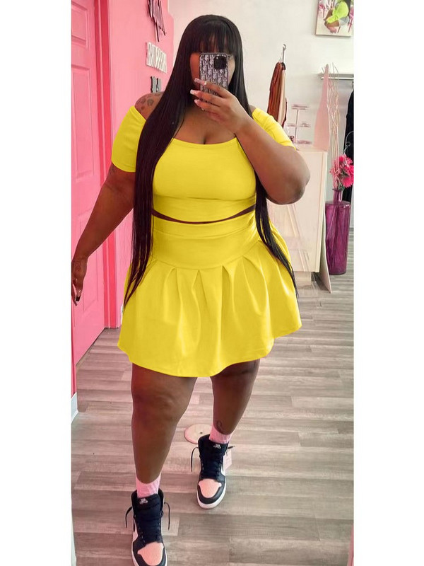 ZJFZML ZZ Liela izmēra L-5XL Divdaļīgs komplekts Sieviešu sporta kostīms, stingrs ar īsām piedurknēm apgriezts augšpuse un kroku svārki vairumtirdzniecība dropshipping