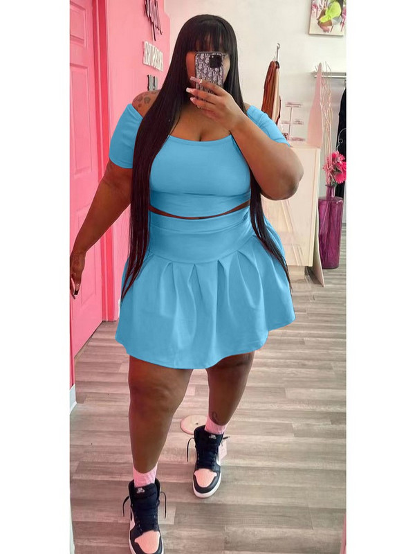 ZJFZML ZZ Liela izmēra L-5XL Divdaļīgs komplekts Sieviešu sporta kostīms, stingrs ar īsām piedurknēm apgriezts augšpuse un kroku svārki vairumtirdzniecība dropshipping