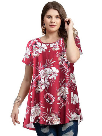 4XL 5XL Plus Size Γυναικεία μπλούζα Άνοιξη Καλοκαίρι με φλοράλ στάμπα με κοντό μανίκι casual μπλουζάκια Tees Loose oversized γυναικεία τουνίκ μπλούζες