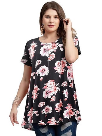 4XL 5XL Plus Size Γυναικεία μπλούζα Άνοιξη Καλοκαίρι με φλοράλ στάμπα με κοντό μανίκι casual μπλουζάκια Tees Loose oversized γυναικεία τουνίκ μπλούζες